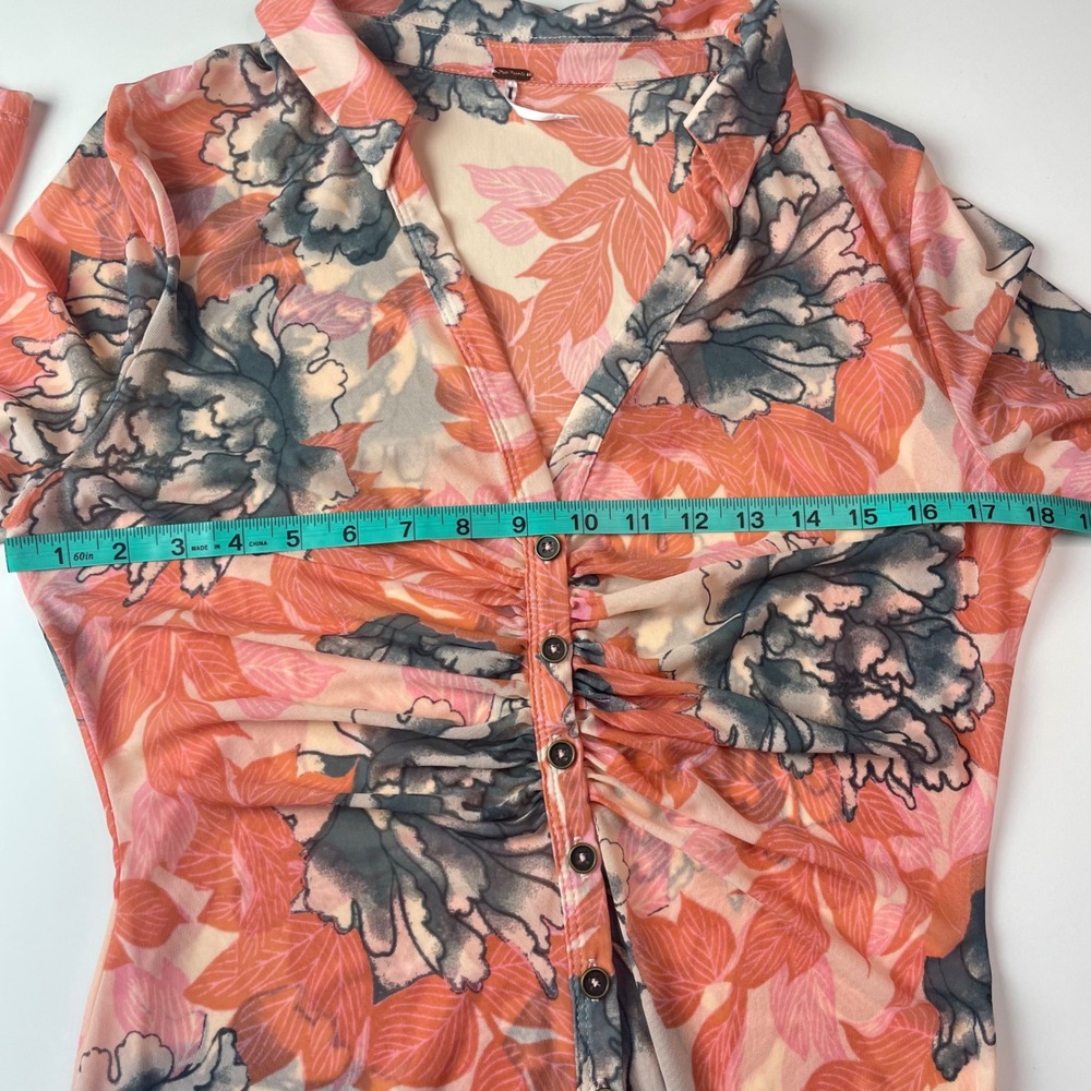 Free People Lucky Shirtee Floral Mesh Ruched‎ Button Front Long Sleeve Top Large - Picture 9 of 15
